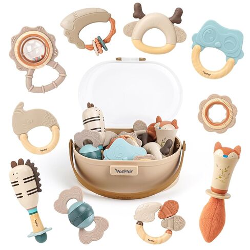 Baby Rattles & Teethers Set – Baby Toys 0-6 Months, Teething Toys 3-6 Months, Sensory Toys with Soft Textures, Gentle Sounds & Easy-Grip Shape, Neutral Newborn Gift（10-Pack） in Kuwait