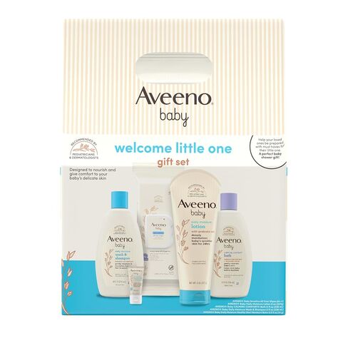 Aveeno Baby Welcome Little One Gift Set, Baby Essentials Set with Daily Moisture Wash and Shampoo, Calming Comfort Bath, Sensitive All Over Wipes, Body Lotion, & Healthy Start Balm, 5 Items in Kuwait
