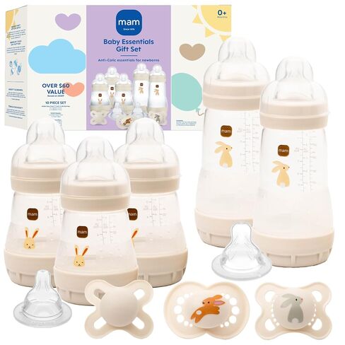 MAM Easy Start Anti-Colic 5 Baby Bottle & 3 Pacifier Newborn Gift Set | 5 Self Sterilizing Bottles (3X 5oz, 2X 9oz) & 3 Original Pacifiers 0–16 Months + Extra Nipples, Made In Europe in Kuwait
