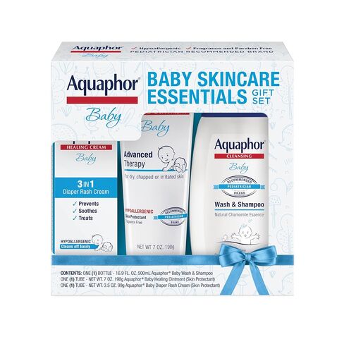 Aquaphor Baby Skin Care Essentials Gift Set, 3 Item Variety Pack | Baby Wash and Shampoo (16.9 FL OZ), Healing Ointment for Chapped Skin and Drool Rash (7 OZ), Diaper Rash Cream (3.5 OZ) in Kuwait