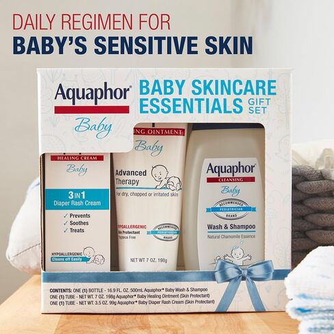 Aquaphor Baby Skin Care Essentials Gift Set, 3 Item Variety Pack | Baby Wash and Shampoo (16.9 FL OZ), Healing Ointment for Chapped Skin and Drool Rash (7 OZ), Diaper Rash Cream (3.5 OZ) in Kuwait