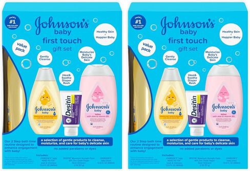 Johnson's Baby First Touch Baby Essentials Gift Set with Body Wash & Shampoo, Body Lotion, & Zinc Oxide Diaper Rash Paste for Baby's Delicate Skin, Hypoallergenic, No Added Parabens or Dyes, 3 Items in Kuwait