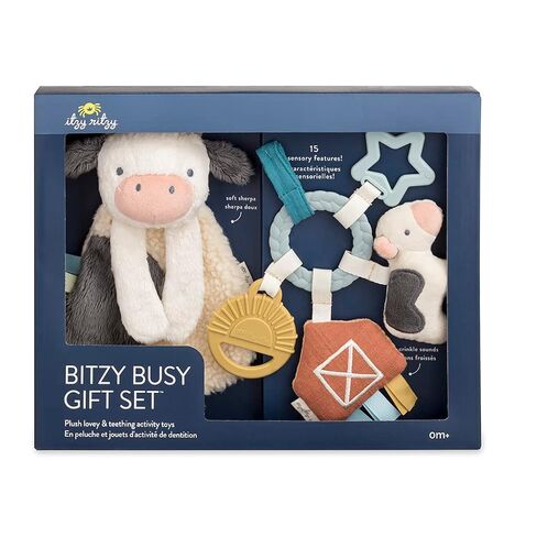 Itzy Ritzy Teething Toy Gift Set - Includes Cow Lovey & Barn-Themed Busy Ring Car Seat and Stroller Toy - Features Crinkle Sounds, Engaging Textures & Silicone Teething Relief (Farm) in Kuwait