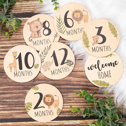Baby Monthly Milestone Cards Sign - 7 Double Sided Animals Marker Wooden Circles Discs Newborn Photography Prop, Pregnancy Journey Birth Announcement Sign Baby Boy and Girl Gift Sets in Kuwait