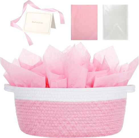 woric Baby Gifts Basket 12 x 8 x 5 in Woven Basket Rope Baskets | Soft Cotton for Wedding Gifts Empty Baby Shower Toy Storage Girls Birthday (Pink with Gift Bag Card Ribbon Tissue Paper) in Kuwait
