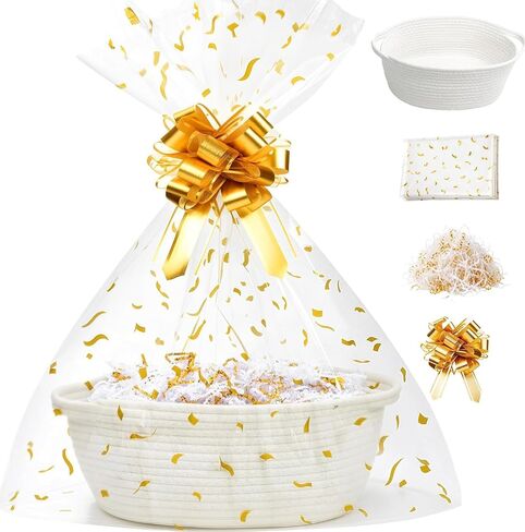 SUNCOLOR Small Woven Gift Basket Set with Cut Paper Shred Filler, Pull Bow & Cellophane Bag, 12x8x5 Inch Durable Cotton Rope Storage Basket for Easter, Baby Shower, Birthday in Kuwait