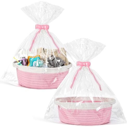 2 Pack Small Woven Basket with Gift Bags and Ribbons, Empty Decorative Gift Chest Box, Cute Baby Gift Basket for Nursery, Cotton Rope Room Shelf Storage Basket with Handles, All 12"x 8"x 5",White in Kuwait