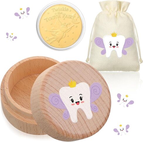 Equsion 3 Pcs Tooth Fairy Box Tooth Holder Kit for Girls Gift Teeth Fairy Pouch Bag with Gold Reward Coin Wood Baby Keepsake Box Put Under Pillow for First Lost Teeth Storage Kids Birthday(Pink) in Kuwait
