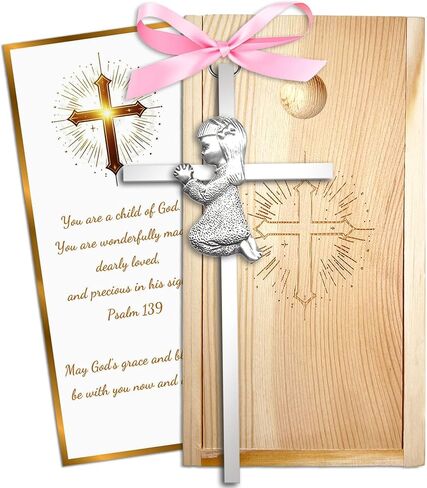 Baptism Gifts for Boys & Girls,First Communion Gifts for Kids,Christening Baby Shower Party 6in Praying Cross (1pc Silver Boy with Wooden Box) in Kuwait