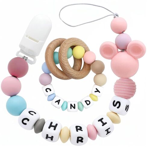 Presonalized Teether Baby Rattle with Name, Customizable Silicone Sensory Rattle with Natural Organic Beech Wood Rings for Girls Baby Shower Toys (Pink) in Kuwait