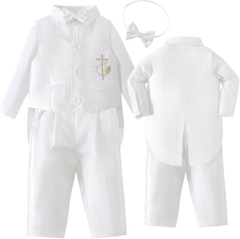Booulfi 0-12 Months Baby Boy Clothes Fall Baptism Outfits for Boys | White Baby Boy Outfit,Detachable Bowtie Long Sleeve Shirt Pants Vest 4 PC Caby Boy Suit,Formal Occasion,Fall Baby Boy Cothes in Kuwait