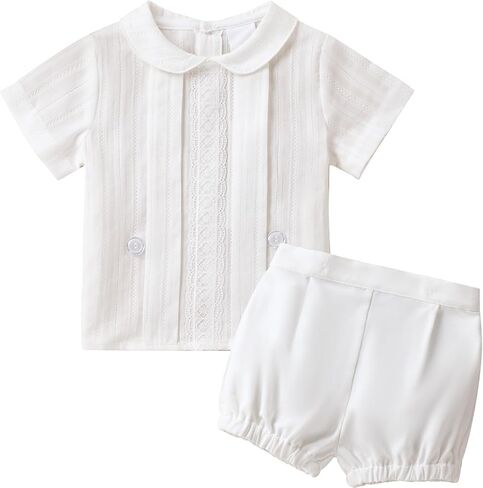 Booulfi 3-6 Month Boy Clothes Summer White Dress Shirt Shorts Boys 3T Summer Outfits Baptism Outfits Toddler Boy Short Set in Kuwait