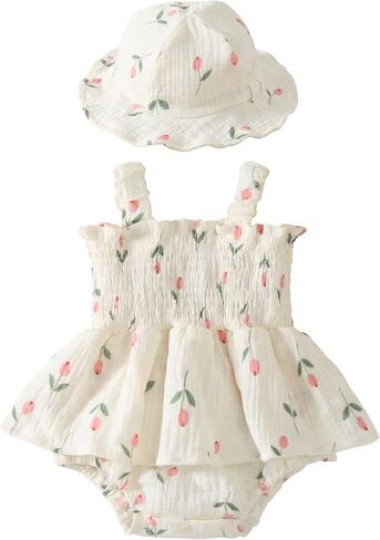 Baby Girl Smocked Romper Dress Summer Outfit Clothes | Baby Girl Floral Outfit with Hat,Snap Closure,Soft Breathable Cotton,Vintage,Photoshoot,Party,Baptism,Wedding,Birthday in Saudi Arabia