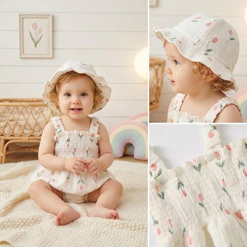 Baby Girl Smocked Romper Dress Summer Outfit Clothes | Baby Girl Floral Outfit with Hat,Snap Closure,Soft Breathable Cotton,Vintage,Photoshoot,Party,Baptism,Wedding,Birthday in Saudi Arabia