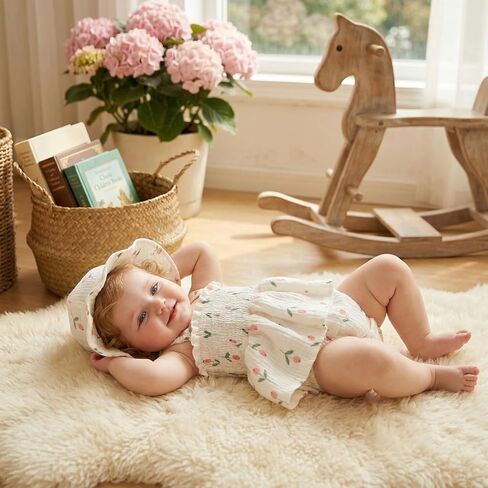 Baby Girl Smocked Romper Dress Summer Outfit Clothes | Baby Girl Floral Outfit with Hat,Snap Closure,Soft Breathable Cotton,Vintage,Photoshoot,Party,Baptism,Wedding,Birthday in Saudi Arabia