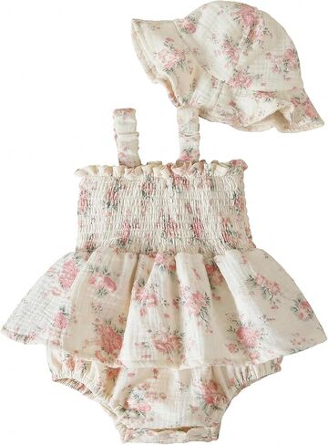 Baby Girl Smocked Romper Dress Summer Outfit Clothes | Baby Girl Floral Outfit with Hat,Snap Closure,Soft Breathable Cotton,Vintage,Photoshoot,Party,Baptism,Wedding,Birthday in Saudi Arabia