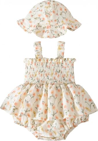 Baby Girl Smocked Romper Dress Summer Outfit Clothes | Baby Girl Floral Outfit with Hat,Snap Closure,Soft Breathable Cotton,Vintage,Photoshoot,Party,Baptism,Wedding,Birthday in Saudi Arabia
