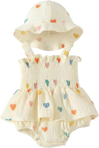 Baby Girl Smocked Romper Dress Summer Outfit Clothes | Baby Girl Floral Outfit with Hat,Snap Closure,Soft Breathable Cotton,Vintage,Photoshoot,Party,Baptism,Wedding,Birthday in Saudi Arabia