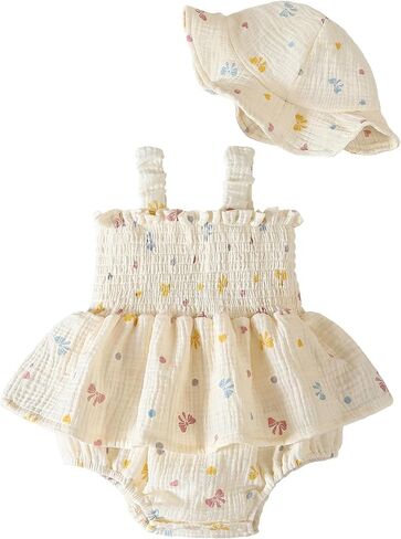 Baby Girl Smocked Romper Dress Summer Outfit Clothes | Baby Girl Floral Outfit with Hat,Snap Closure,Soft Breathable Cotton,Vintage,Photoshoot,Party,Baptism,Wedding,Birthday in Saudi Arabia