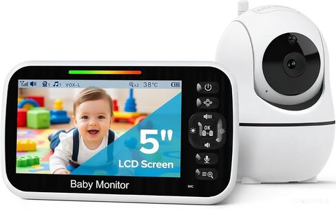 GoodBaby 5" Baby Monitor with Camera and Audio | No WiFi Secure FHSS, 30-Hour Battery, Remote PTZ, Auto Night Vision, Room Temperature, Two-Way Audio，Lullabies，1000ft Range in Kuwait