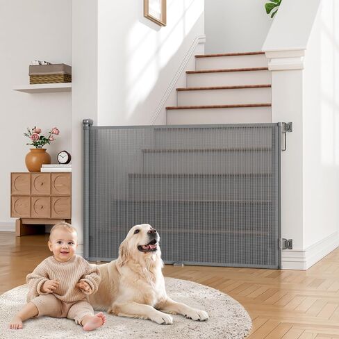 Babepai Retractable Baby Gates Extra Wide | 55" Wide x 34" Tall Dog Gates for Stairs | Indoor/Outdoor Use | Child Gates for Doorways, Deck, Porch, Hallways, Patio - Gray in Kuwait