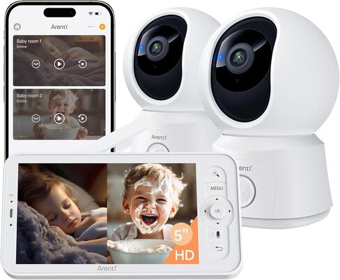 ARENTI Baby Monitor with Camera and Audio B2 Set, 2.4G WiFi with Phone App | 2 Cameras, Split Screen, 5'' Wireless Display, Visit Logs, 1-Click Call, SD Slot, Sound & Motion Detection, AI Tracking, PTZ in Kuwait