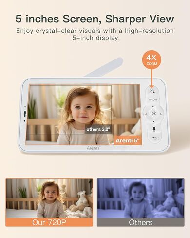 ARENTI Baby Monitor with Camera and Audio B2 Set, 2.4G WiFi with Phone App | 2 Cameras, Split Screen, 5'' Wireless Display, Visit Logs, 1-Click Call, SD Slot, Sound & Motion Detection, AI Tracking, PTZ in Kuwait