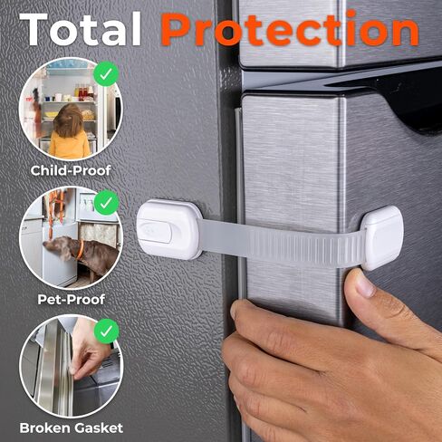 2-Pack Child Proof Fridge Lock with Adhesive - Adjustable Baby Proofing Straps - Refrigerator Lock for Kids - Freezer Latch to Keep Door Closed - for Toddlers, Cats, & Dogs - Universal Compatibility in Kuwait