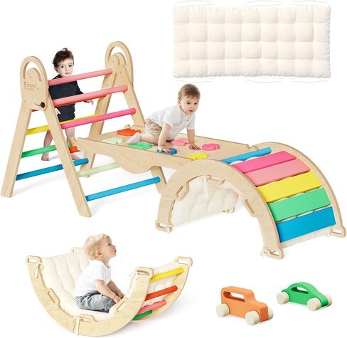 ElegantCrafts Pikler Triangle Set with Cushion, Montessori Climbing Set, Indoor Climb Toys, Indoor Playground Jungle Gyms, 9 Combinations Climbing Toy Set for Toddler, Baby, Kids 1-4 in Kuwait