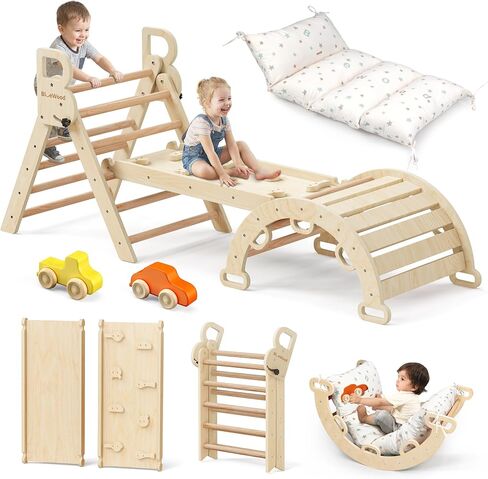 BlueWood Pikler Triangle Set with Cushion, Wooden Climbing Toys for Toddler | Foldable 9-in-1 Montessori Philosophy Toddler Climbing Toys Indoor with Reversible Ramp, Arch and Ladder - Rainbow in Kuwait