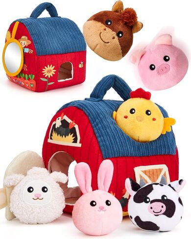 hahaland Baby Toys 6-12 Months - Surprise Barn Stuffed Farm Animals Plush | 6 Month Old Montessori Toys with Rattle Crinkle Sound, Texures, Mirror, Infant Sensory Balls 7 8 9 Month Old Baby Boy Gifts in Kuwait