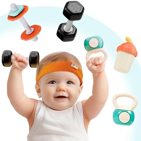 iPlay, iLearn Baby First Gym Rattle Set, Infant Dumbbell Weights Teething Rattles 3-6-12 Month, Newborn Workout Sensory Stroller Toy, Babies Birthday Shower Gift 5 7 8 9 10 Month Toddler Boy Girl-4PCS in Kuwait