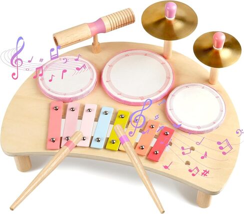 Kids Drum Set, Montessori Toys Wooden Musical Instruments for Baby Toddlers | Drum Kit with Cymbals & Xylophone, Sensory Toys for Music Learning, Fine Motor Skills, Preschool Birthday Gift for Boys Girls in Kuwait