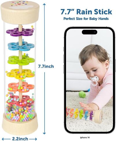 Rain Stick Montessori Baby Toys for 6-12 Months 1 Year Old, Wooden Rainmaker Infant Musical Sensory Toy, Baby Shower Gift for Newborn Toddler Boys Girls, 7.7" in Kuwait
