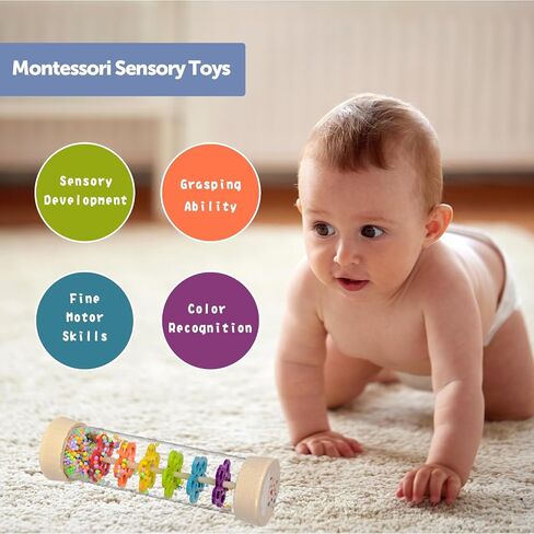 Rain Stick Montessori Baby Toys for 6-12 Months 1 Year Old, Wooden Rainmaker Infant Musical Sensory Toy, Baby Shower Gift for Newborn Toddler Boys Girls, 7.7" in Kuwait