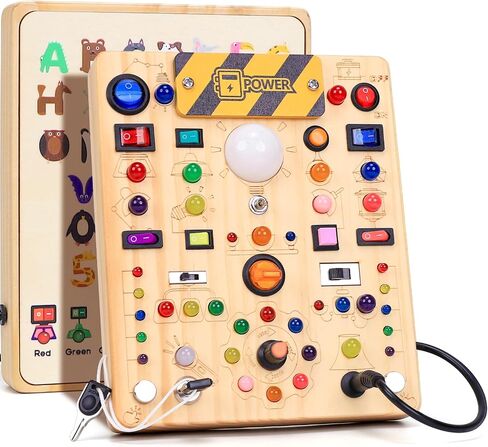 Busy Board with LED Light Switches, Montessori Toys for 1 2 3 Years Old, Toddlers Wooden Toy Sensory Activity Board, Travel Toys for 1+ Year Old Boy & Girl Birthday Gift in Kuwait