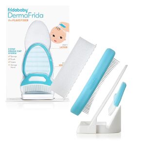 Frida Baby The 3-Step Cradle Cap System, DermaFrida The FlakeFixer, Sponge, Brush, Comb and Storage Stand for Babies with Cradle Cap, White-Blue in Kuwait