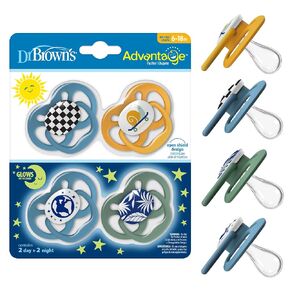 Dr. Brown's Advantage Glow-in-the-Dark Baby Pacifier, Fully Symmetrical Soother with Soft Silicone Bulb, Skateboard Snail-Blue Nature, 6-18m, BPA Free, 4 Pack in Kuwait