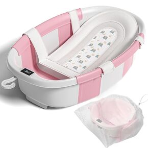 Collapsible Baby Bathtub with Soft Cushion and Thermometer, Newborn to Toddler Tub 0-36 Months with Toy Storage Mesh Bag, Portable Travel Bath for Infants (Grey) in Kuwait