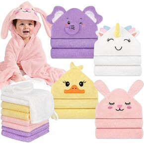 12 PCS Baby Bath Towels Set, Baby Towels for Newborn Bath Essentials Gifts | Animal Hooded, Thick Soft Absorbent, 4 Baby Towels & 8 Washcloths for Girl Boy Toddlers (Elephant, Unicorn, Duck, Rabbit) in Kuwait
