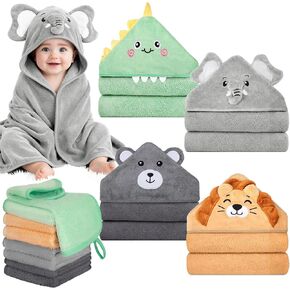 12 PCS Baby Bath Towels Set, Baby Towels for Newborn Bath Essentials | Ultra Soft Cozy, Thick & Absorbent, Cute Animal Hooded, 4 PCS Baby Towels & 8 PCS Washcloths, for Infants, Toddlers Boy Girl in Kuwait