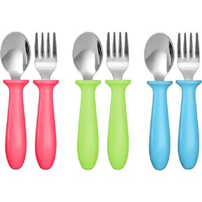 Pimoys Toddler Utensils Set, 6-Piece Kids Fork and Spoon Set | Stainless steel with plastic handles, rounded edges, toddler-size, dishwasher safe, 3 forks and 3 spoons in Kuwait