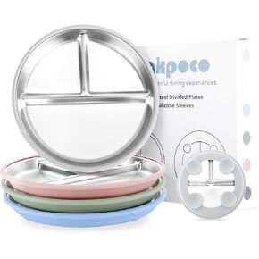 Bakpoco Stainless Steel Toddler Plate with Suction, 9" Divided Plates with Removable Silicone Sleeves for Kids, Non Toxic & BPA Free | Non Slip | Unbreakable Baby Snack Dishes Set of 2, Blue & Gray in Kuwait