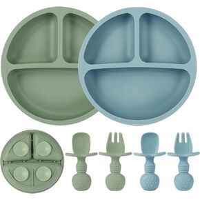 Eascrozn Silicone Feeding Set, 2 Pack Divided Toddler Plates with Suction, 2 Pack Utensils - Spoons & Forks, BPA Free, Baby Led Weaning Supplies in Kuwait