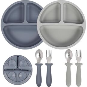 Eascrozn Baby Feeding Set, 2 Pack Silicone Divided Suction Plates for Baby, 2 Pack Spoons and Forks Set, BPA Free, Baby Led Weaning Supplies for Toddler Utensils in Kuwait