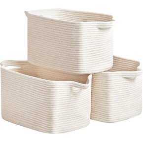 R RUNKA Cotton Rope Basket Set of 3 (15"x10.2"x9.1") - Rectangle Storage Bins - Versatile Toy Storage Organizer - Perfect for Kids, Dog Toys, Books, Shelves - White in Saudi Arabia