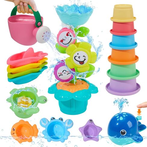 Mold Free Bath Toys, 11PCS | Safe Easy Clean & Fun Floating Boats & Spoon & Watering Can and Whale Bath Toy for Babies 12+ Months | Colorful Bathtub Pool Water Table Sand Toys for Babies and Toddlers in Kuwait