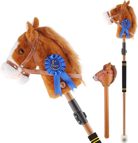 Adjustable Hobby Horse Stick Toy, 30-50" Plush Stick Horse with Neighing Sound 15 Decibels Silent Rubber Wheels Soft Stuffed Ride On Pony Stick Bonus Inflatable Hobby Horse for Kids Ages 4-12 in Kuwait