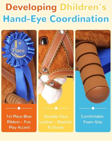 Adjustable Hobby Horse Stick Toy, 30-50" Plush Stick Horse with Neighing Sound 15 Decibels Silent Rubber Wheels Soft Stuffed Ride On Pony Stick Bonus Inflatable Hobby Horse for Kids Ages 4-12 in Kuwait