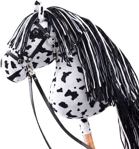 Large Hobby Horse, Realistic Head, Long Flowing Mane, Removable Leather Reins, Solid Wooden Stick for Equestrian Training & Competition, Screen-Free Fun for Active Kids(Black and White) in Kuwait